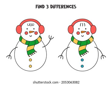 Find three differences between two pictures of cute Christmas snowman.