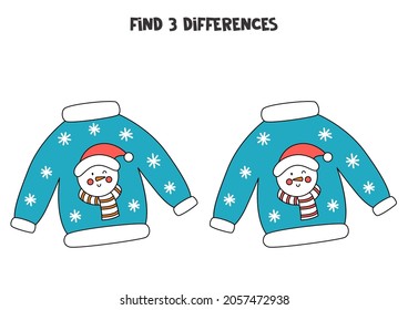 Find three differences between two pictures of Christmas sweater.