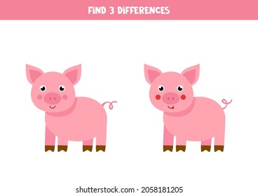 Find three differences between two pictures of cute pig.