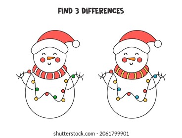 Find three differences between two pictures of cute Christmas snowman.