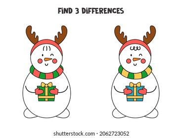 Find three differences between two pictures of cute Christmas snowman.