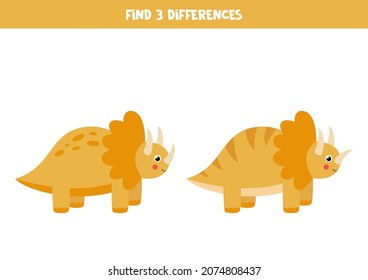 Find three differences between two pictures of cute dinosaur trice raptors.