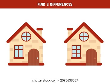 Find three differences between two pictures of cartoon house.