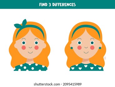 Find three differences between two pictures of cute girl.