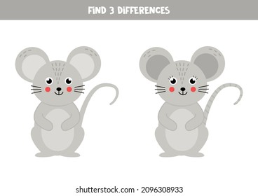 Find three differences between two pictures of cute cartoon mouse.