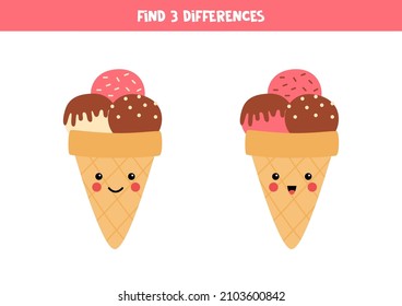 Find three differences between two pictures of cute kawaii ice cream.