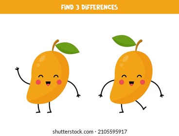 Find three differences between two pictures of cute kawaii mango.