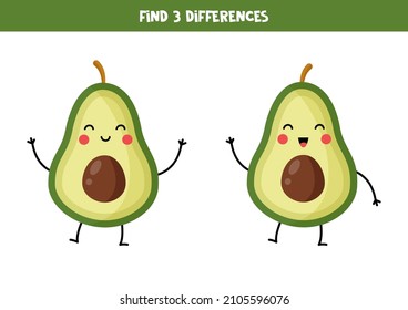 Find three differences between two pictures of cute kawaii avocado.