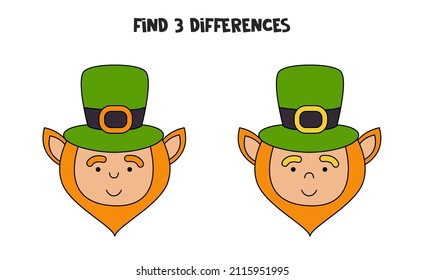 Find three differences between two pictures of cute leprechaun.