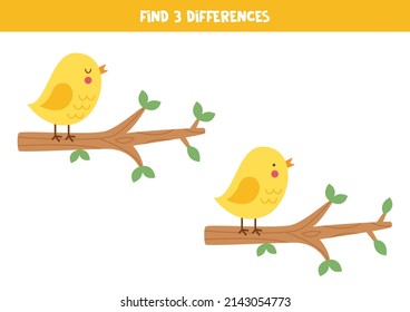 Find three differences between two pictures of bird on branch.