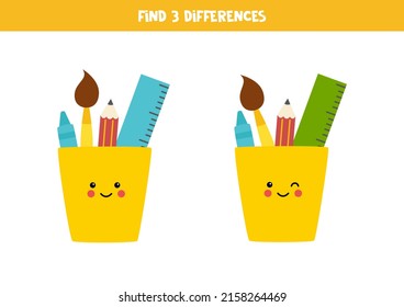 Find three differences between two pictures of cute pencil cup.