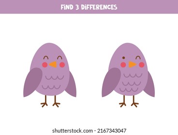 Find three differences between two pictures of cute birds.