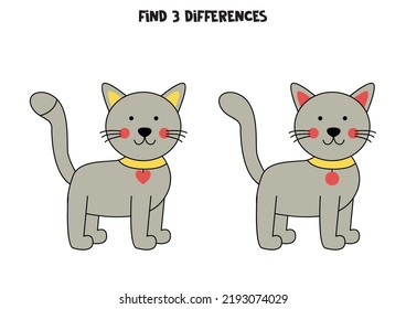 Find three differences between two pictures of cute gray cat.