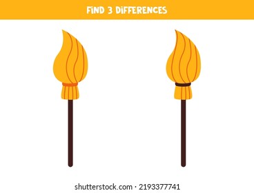 Find three differences between two pictures of brooms.