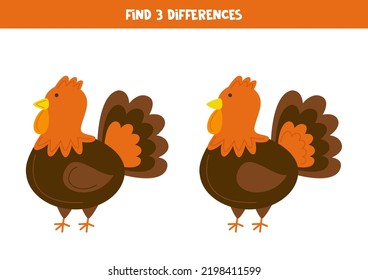 Find three differences between two pictures of cute turkey.