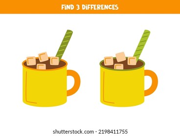 Find three differences between two pictures of cacao cups.