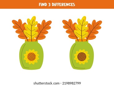 Find three differences between two pictures of vase with leaves.