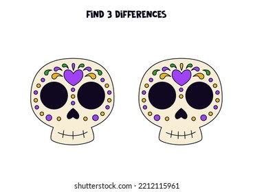 Find three differences between two pictures of Mexican skulls.