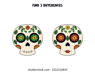 Find three differences between two pictures of colorful skulls.