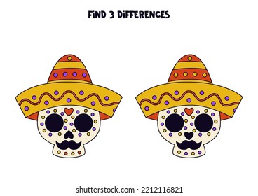 Find three differences between two pictures of skulls in Mexican hats.