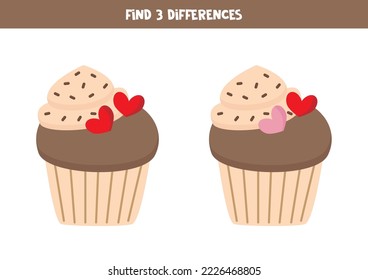 Find three differences between two pictures of cute cupcakes.