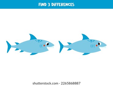 Find three differences between two pictures of cute cartoon shark.
