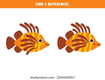 Find three differences between two pictures of cute lionfish.