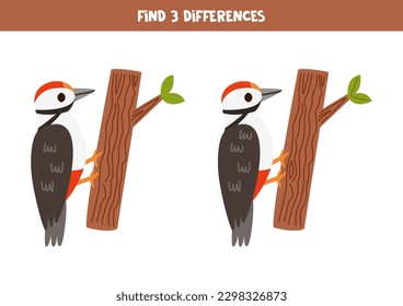 Find three differences between two pictures of cute woodpeckers.