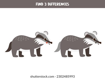 Find three differences between two pictures of cute badger.
