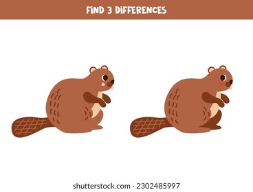 Find three differences between two pictures of cute beaver.