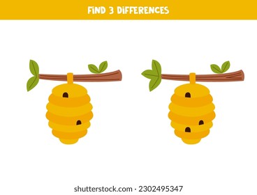 Find three differences between two pictures of cute beehives.