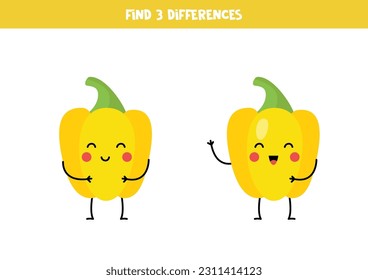 Find three differences between two pictures of cute kawaii peppers. Vector picture of cute yellow peppers.