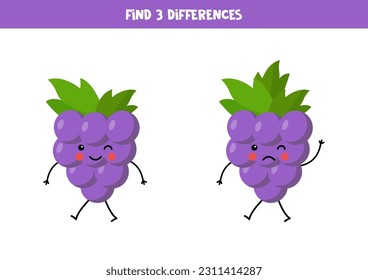 Find three differences between two pictures of cute kawaii grapes. Vector picture of cute grapes.