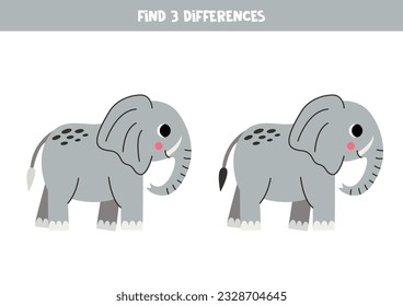 Find three differences between two pictures of cute elephant. Educational worksheet.