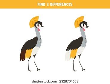 Find three differences between two pictures of cute crowned crane. Educational worksheet.