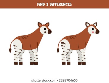 Find three differences between two pictures of cute okapis. Educational worksheet.
