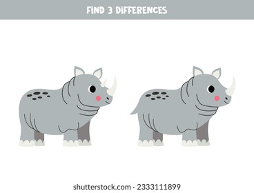 Find three differences between two pictures of cute rhinoceroses. Educational worksheet.