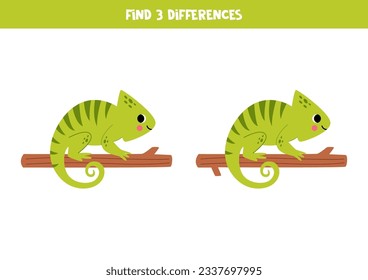 Find three differences between two pictures of cute green chameleons. Educational worksheet.