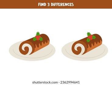 Find three differences between two pictures of Christmas yule log. Educational worksheet.