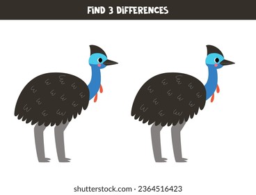 Find three differences between two pictures of cute cassowary. Educational worksheet.