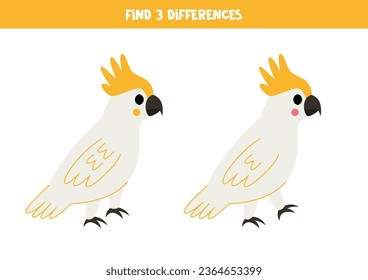 Find three differences between two pictures of cute cockatoo birds.