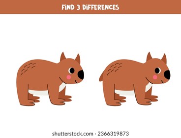 Find three differences between two pictures of cute cartoon wombat.