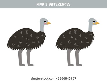 Find three differences between two pictures of cute emu ostrich.