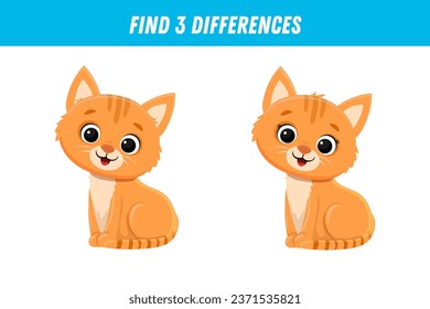 Find three differences between two pictures of cute red cat. Cute ginger kitten. Vector