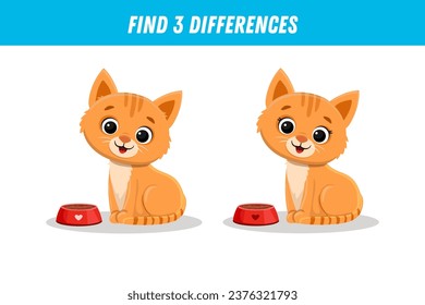 Find three differences between two pictures of cute red cat. Cute ginger kitten and bowl of food. Vector illustration
