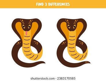 Find three differences between two pictures of cute cobra.