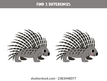 Find three differences between two pictures of cute porcupine.