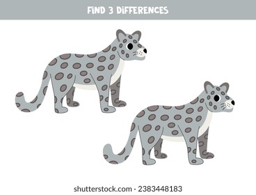 Find three differences between two pictures of cute snow leopard.
