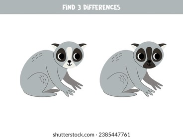 Find three differences between two pictures of cute cartoon slow lori.