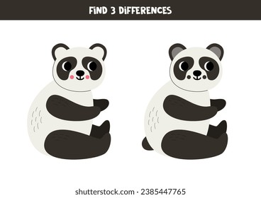 Find three differences between two pictures of cute cartoon panda bear.